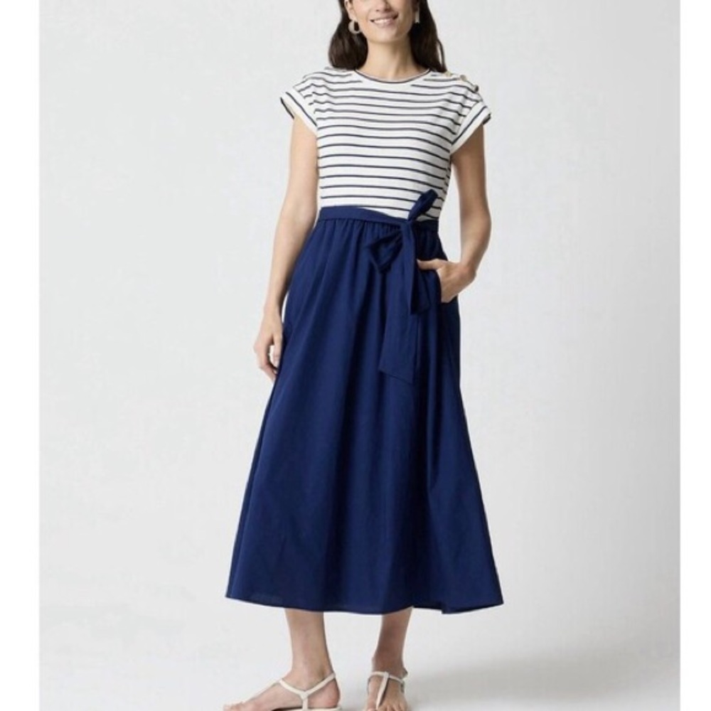 NWT J Crew Cotton Tie Waist Stripe Midi Maxi Dress Blue CN234 XS